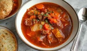Beef cabbage soup in white bowl with chunks of tender beef and vegetables