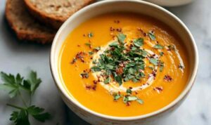 Butternut Squash Sweet Potato Soup Creamy butternut squash sweet potato soup in white bowl garnished with coconut milk swirl and fresh coriander