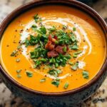 Creamy butternut squash sweet potato soup in white bowl garnished with coconut milk swirl and fresh coriander