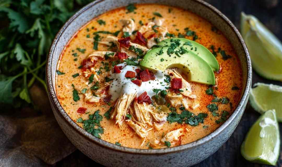 Creamy chicken enchilada soup in bowl with tortilla chips and cilantro