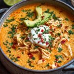 Creamy chicken enchilada soup in bowl with tortilla chips and cilantro