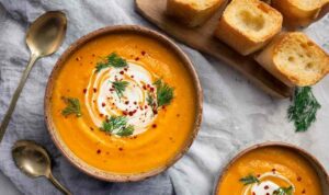 Bowl of creamy carrot and sweet potato soup with cream swirl on top