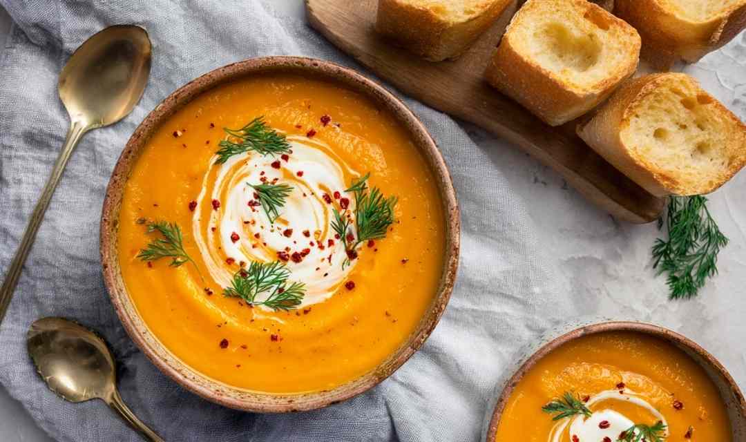 Bowl of creamy carrot and sweet potato soup with cream swirl on top