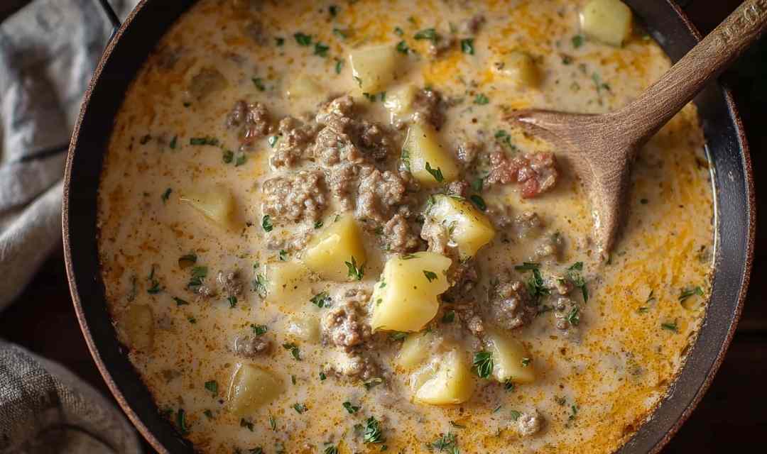 Bowl of Cheesy Beef and Potato Soup garnished with parsley and shredded cheese