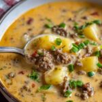 Bowl of Cheesy Beef and Potato Soup garnished with parsley and shredded cheese