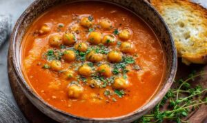 Chickpea Tomato Soup Bowl of chickpea tomato soup garnished with fresh herbs and olive oil