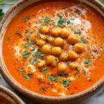 Bowl of chickpea tomato soup garnished with fresh herbs and olive oil