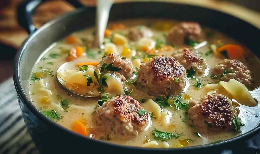 Swedish meatball soup in white bowl with creamy broth and tender meatballs