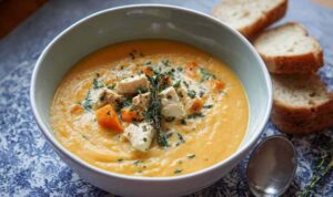 Creamy Chicken Sweet Potato Soup Bowl of creamy chicken sweet potato soup with tender chicken pieces and spinach in velvety broth