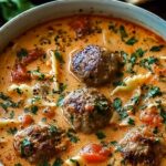 Creamy Italian meatball soup in white bowl with fresh basil garnish and crusty bread