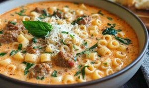 Creamy Parmesan Italian Sausage Ditalini Soup Creamy Parmesan Italian sausage ditalini soup in a white bowl topped with fresh Parmesan cheese