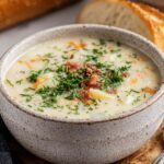 Creamy Pioneer Woman potato soup in a white bowl topped with fresh parsley