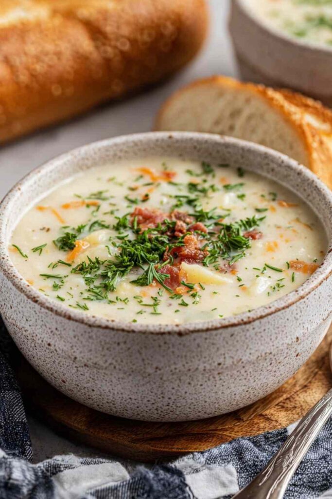 Creamy Pioneer Woman potato soup in a white bowl topped with fresh parsley