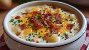 Crock Pot Crack Potato Soup Bowl of crock pot crack potato soup topped with bacon cheese and green onions
