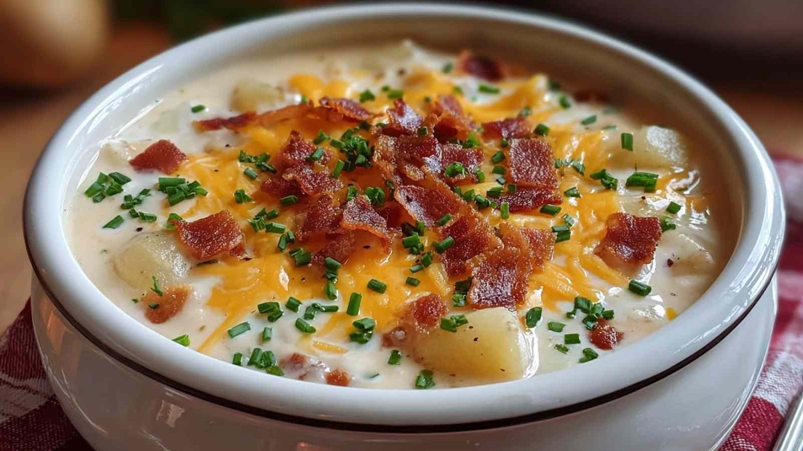 Bowl of crock pot crack potato soup topped with bacon cheese and green onions