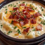 Bowl of crock pot crack potato soup topped with bacon cheese and green onions