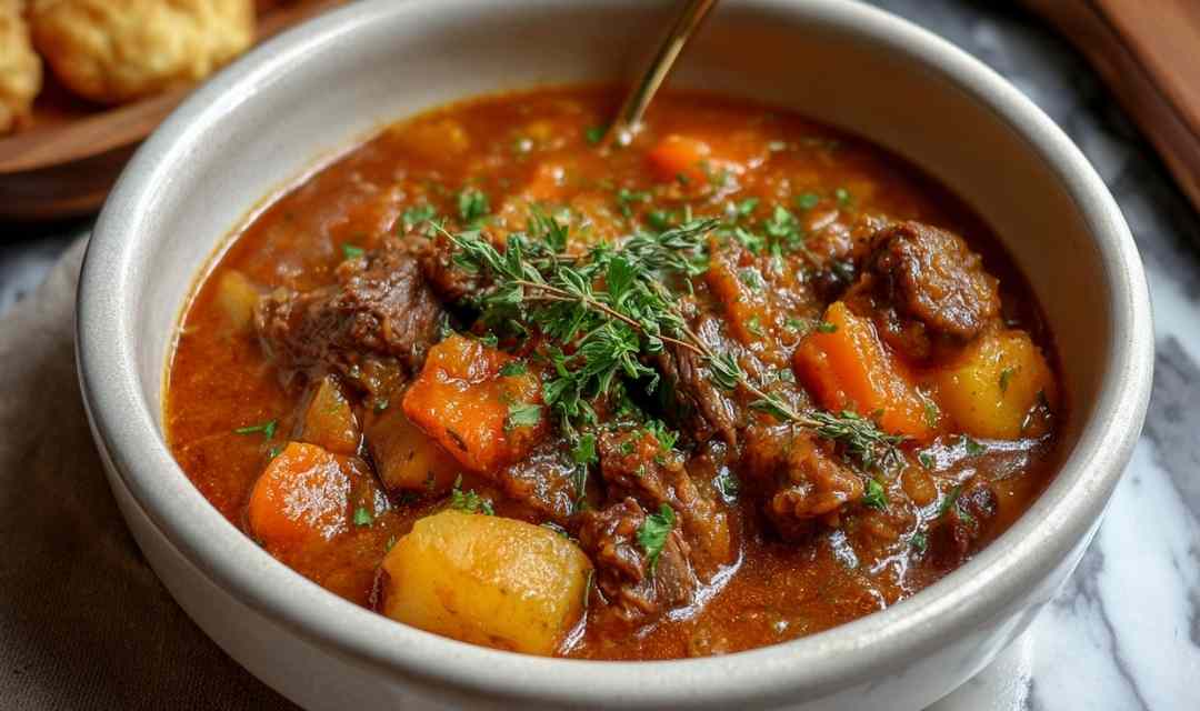 Bowl of crockpot beef stew with tender beef chunks carrots and potatoes in rich broth
