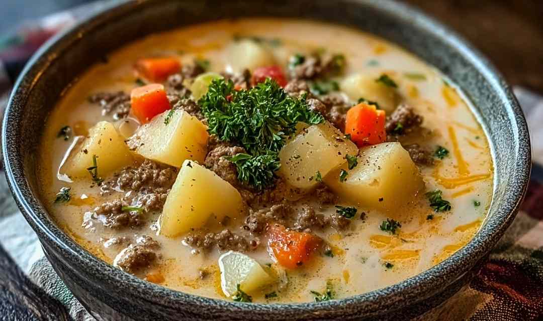 Bowl of Crockpot Creamy Potato Hamburger Soup garnished with cheese and parsley