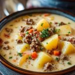Bowl of Crockpot Creamy Potato Hamburger Soup garnished with cheese and parsley