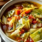 Delicious cabbage soup in white bowl with fresh vegetables and herbs