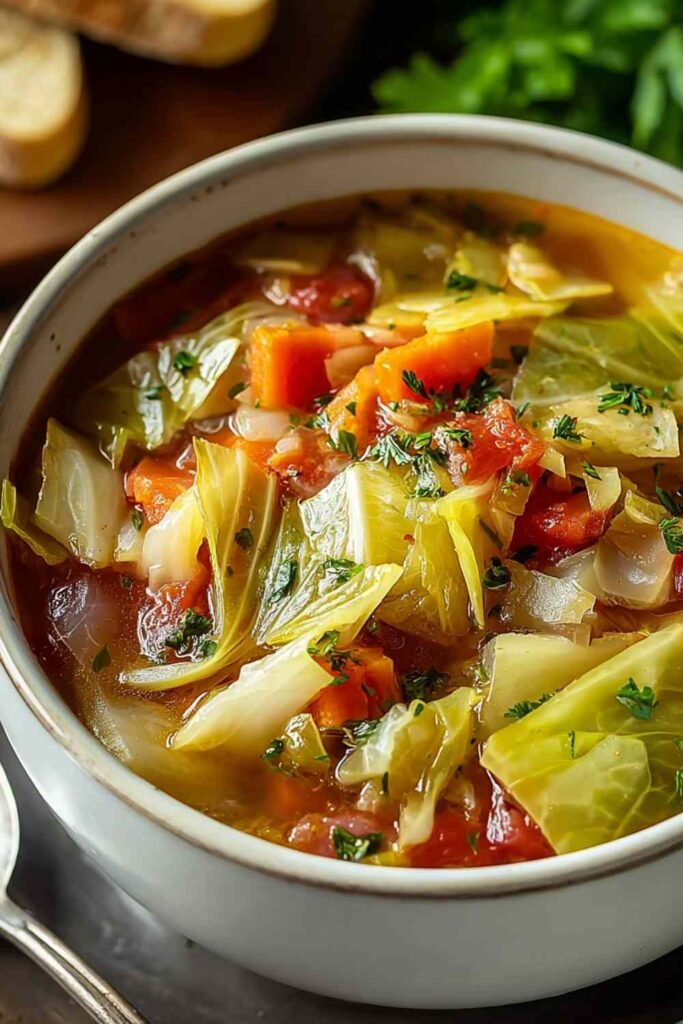Delicious cabbage soup in white bowl with fresh vegetables and herbs