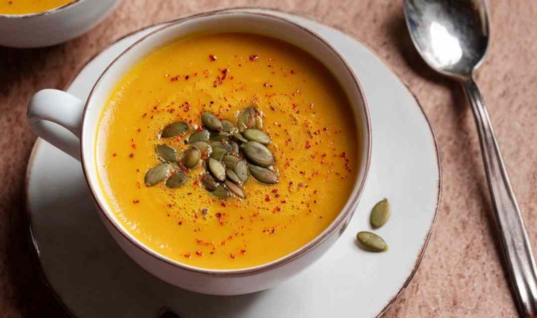 Creamy acorn squash soup served in a white bowl garnished with pumpkin seeds and fresh thyme