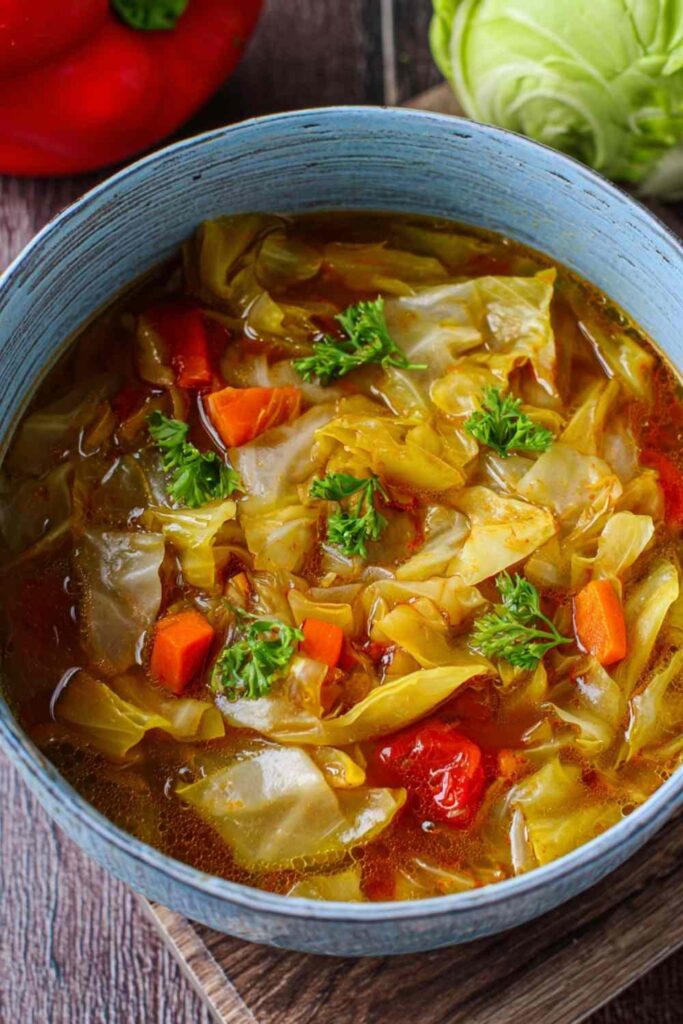 Cabbage Soup Diet Recipe 4 Large pot of cabbage soup diet with wooden spoon showing hearty vegetables