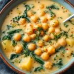 Bowl of chickpea potato soup garnished with fresh herbs and olive oil