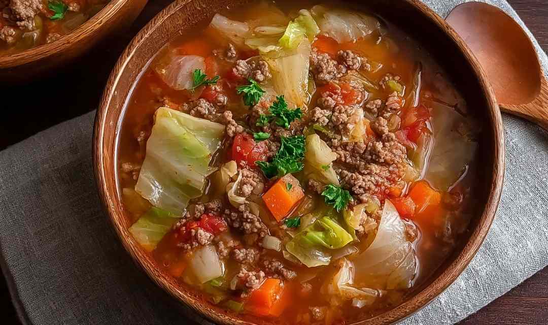 Ground beef and cabbage soup in large pot with vegetables