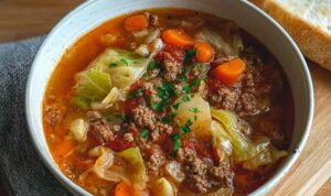 Hearty Ground Beef and Savory Cabbage Soup Making hearty ground beef and cabbage soup in large pot on stovetop