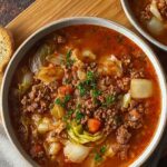 Hearty ground beef and savory cabbage soup in white bowl with wooden spoon