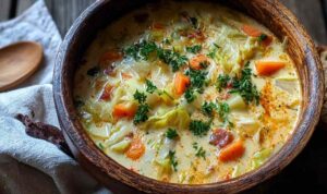 One Pot Creamy Cabbage Soup Bowl of creamy cabbage soup with crusty bread on the side