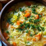 One pot creamy cabbage soup in a large pot with fresh parsley garnish