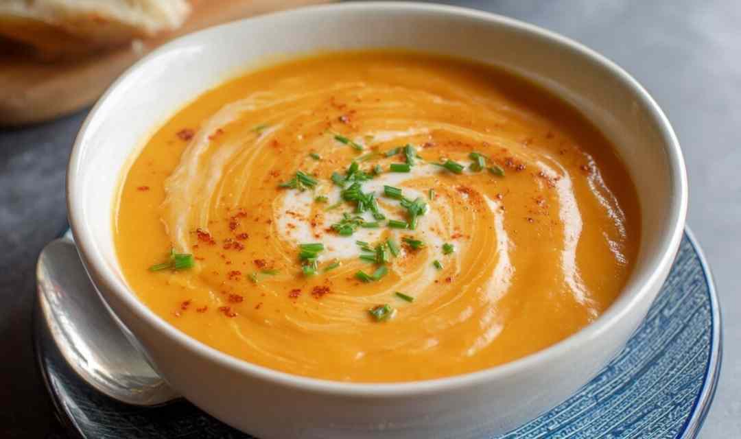 Bowl of creamy sweet potato soup garnished with coconut cream and green onions