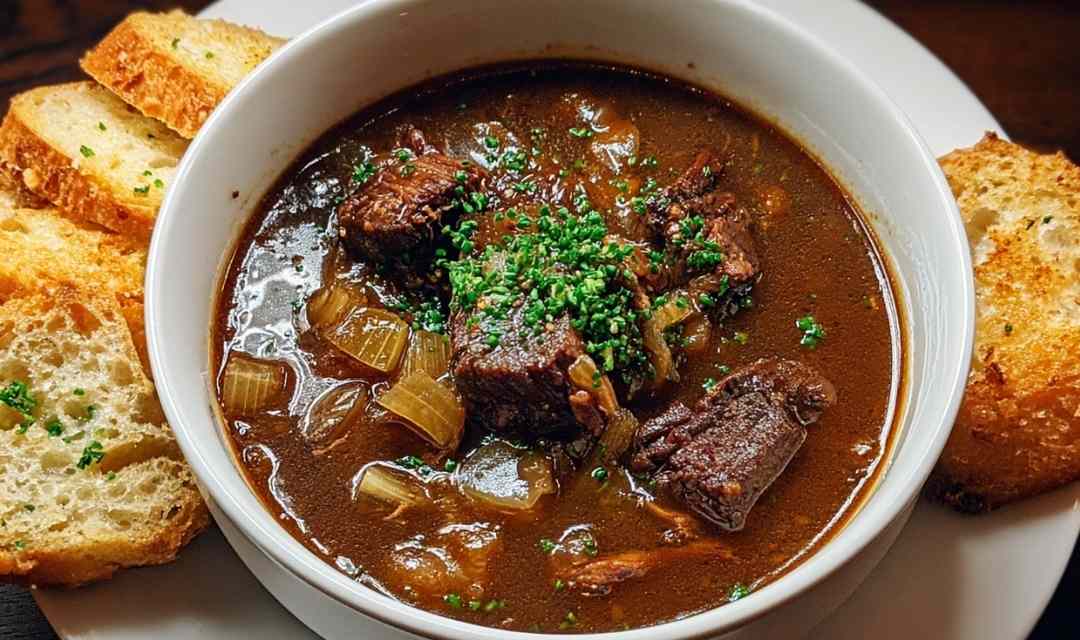 French Onion Beef Short Rib Soup in oven-safe bowl with melted Gruyère cheese and sourdough bread
