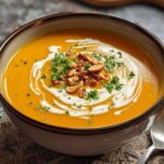 Creamy Gordon Ramsay butternut squash soup in white bowl garnished with parsley and cream swirl