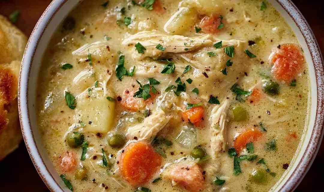 High protein chicken pot pie soup in white bowl with parsley garnish