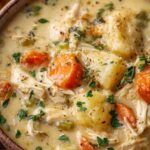 High protein chicken pot pie soup in white bowl with parsley garnish