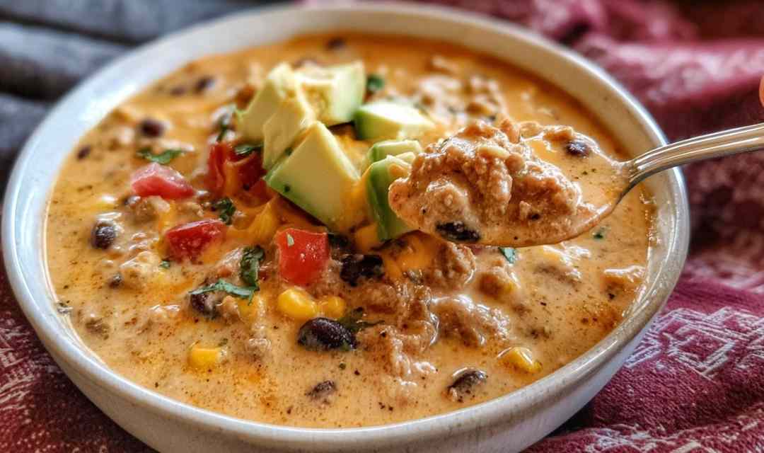 Bowl of high protein creamy taco soup topped with cheese, cilantro, and tortilla chips