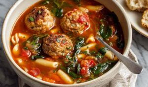 Italian Meatball Soup Close up of meatball soup with red bell peppers and tomato broth