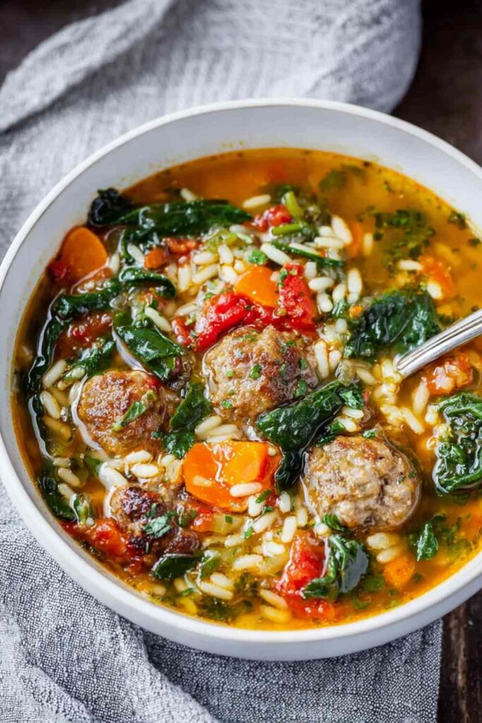 Italian Wedding Soup 4 Bowl of Italian wedding soup with beef meatballs, vegetables, and orzo pasta garnished with parmesan