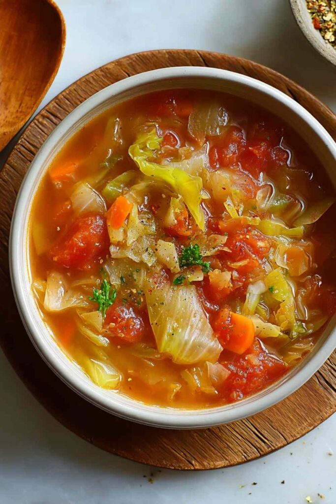 Low Calorie Cabbage Fat Burning Soup 4 Low calorie cabbage fat burning soup in white bowl with vegetables
