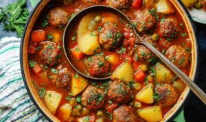 Meatball Stew Hearty meatball stew in a white bowl with tender meatballs, potatoes, carrots, and peas in rich brown gravy