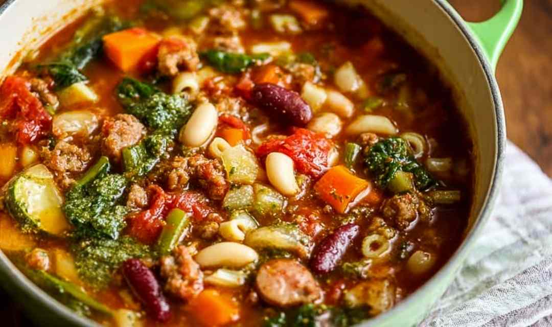 Bowl of minestrone with sausage garnished with basil pesto and parmesan cheese