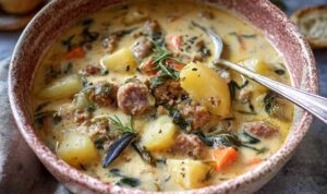 Bowl of creamy potato and sausage chowder with chunks of potato and sausage visible