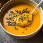 Bowl of protein packed butternut squash soup garnished with pepitas and fresh thyme