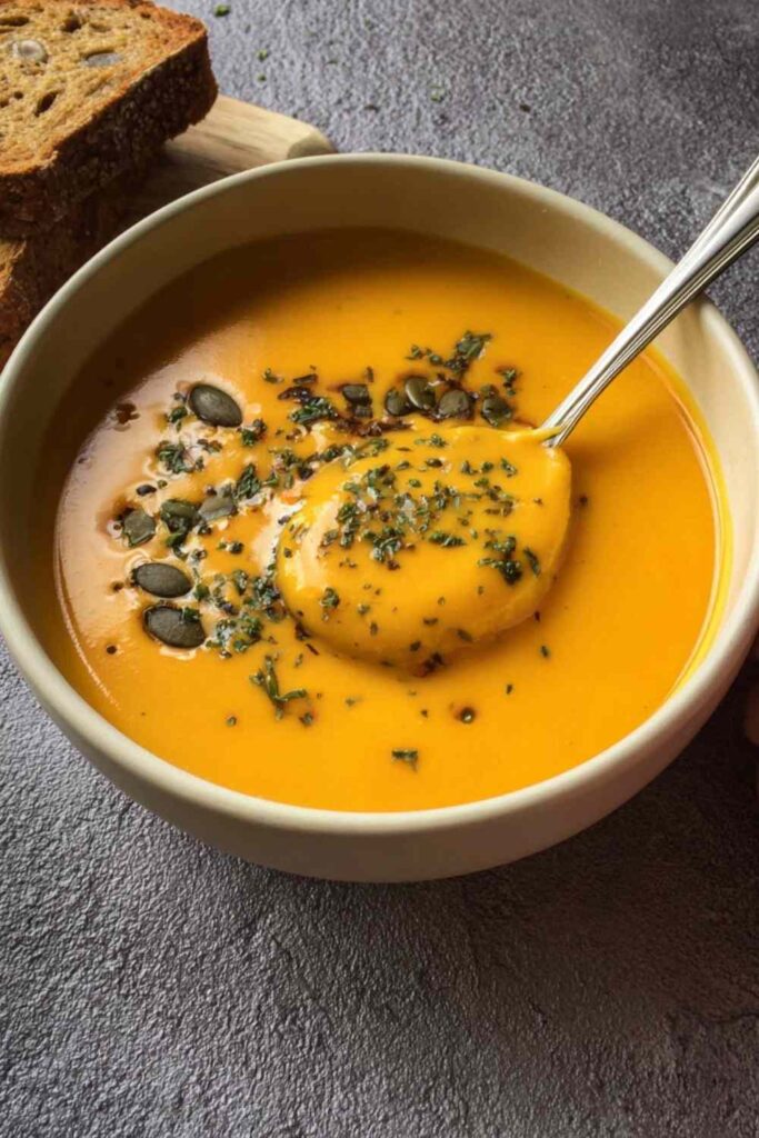 Protein Packed Butternut Squash Soup 4 Bowl of protein packed butternut squash soup garnished with pepitas and fresh thyme