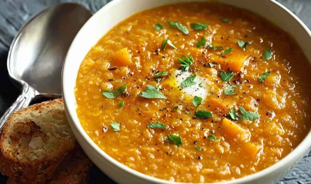 Red lentil soup in white bowl garnished with fresh parsley
