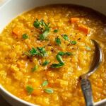 Red lentil soup in white bowl garnished with fresh parsley