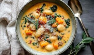Savory Butternut Squash Gnocchi Soup Butternut squash gnocchi soup including gnocchi, squash, kale, and plant-based sausage